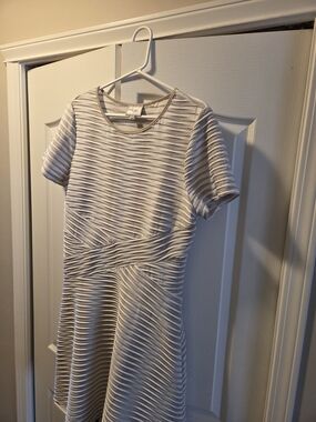 Textured Short Sleeve Fit-and-Flare Dress Off White/Gray